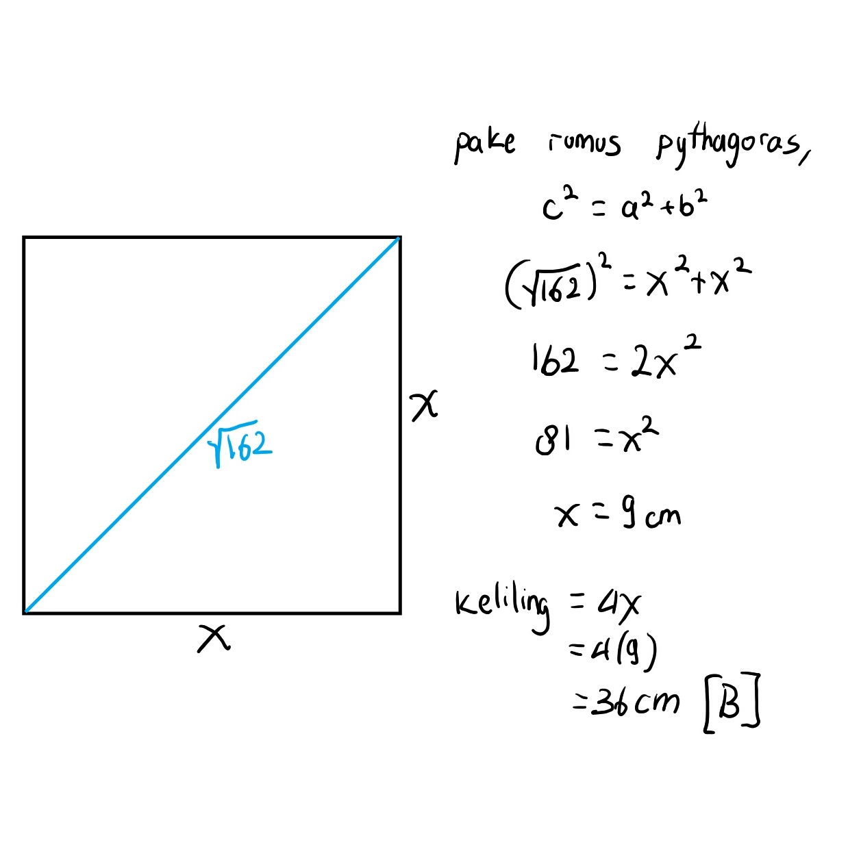  Panjang  diagonal  suatu persegi  adalah 162 cm Maka 